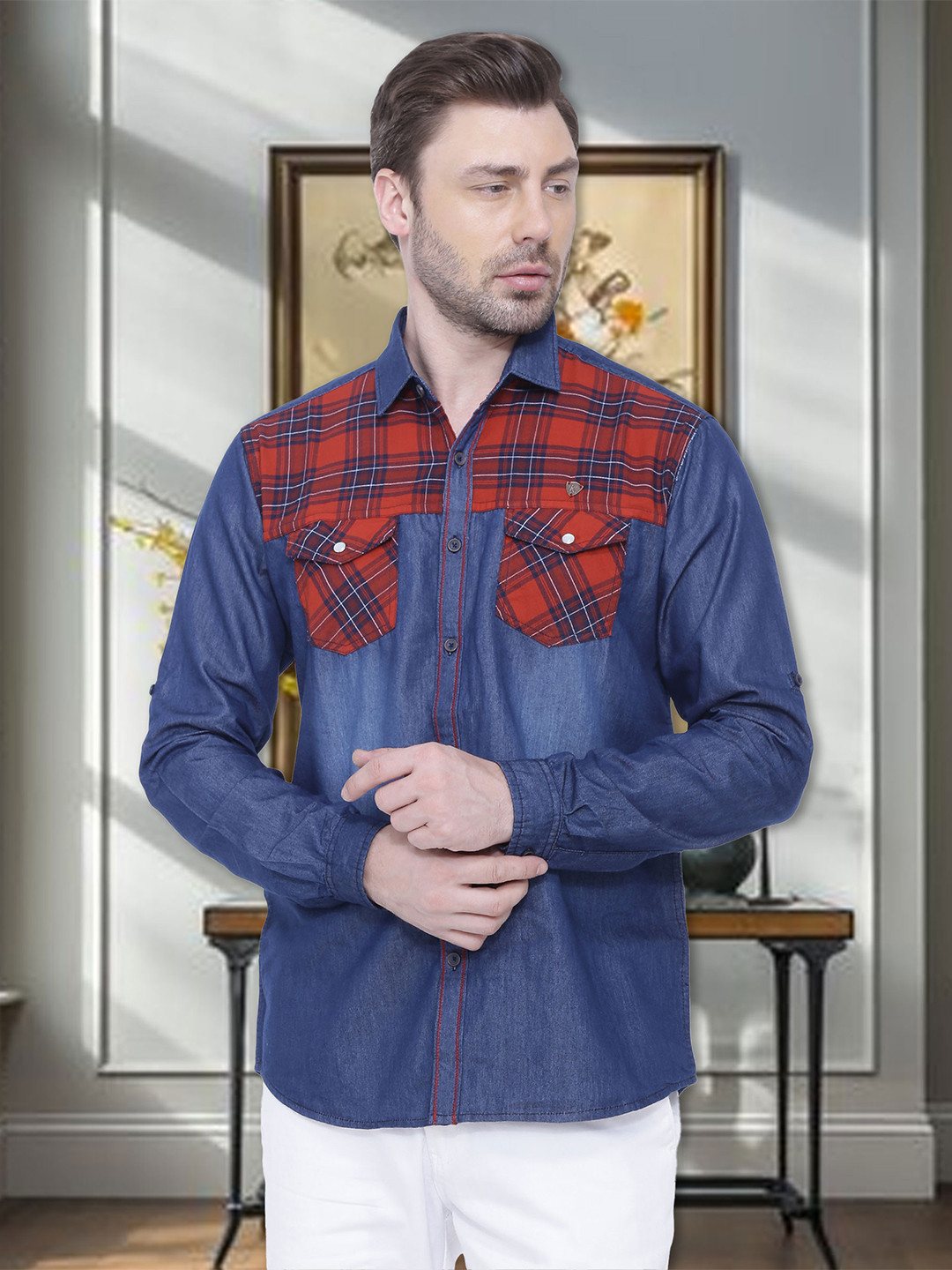 

Kuons Avenue Men Checked Cotton Smart Slim Fit Casual Shirt, Blue