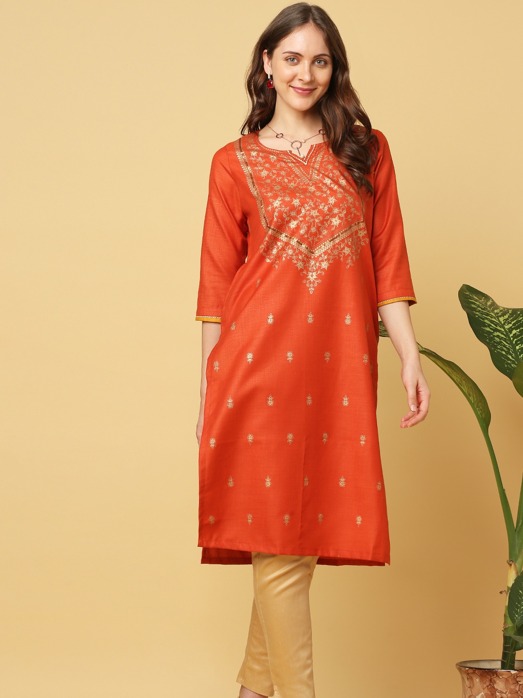 

Indifusion Ethnic Motifs Embellished Thread Work Kurta, Orange