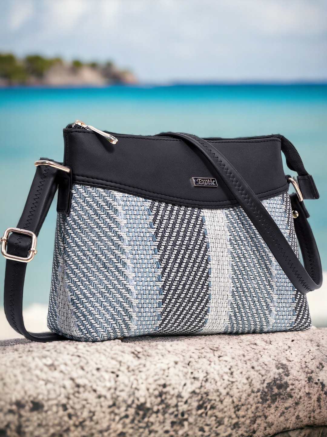 

Exotic Striped Structured Sling Bag, Black