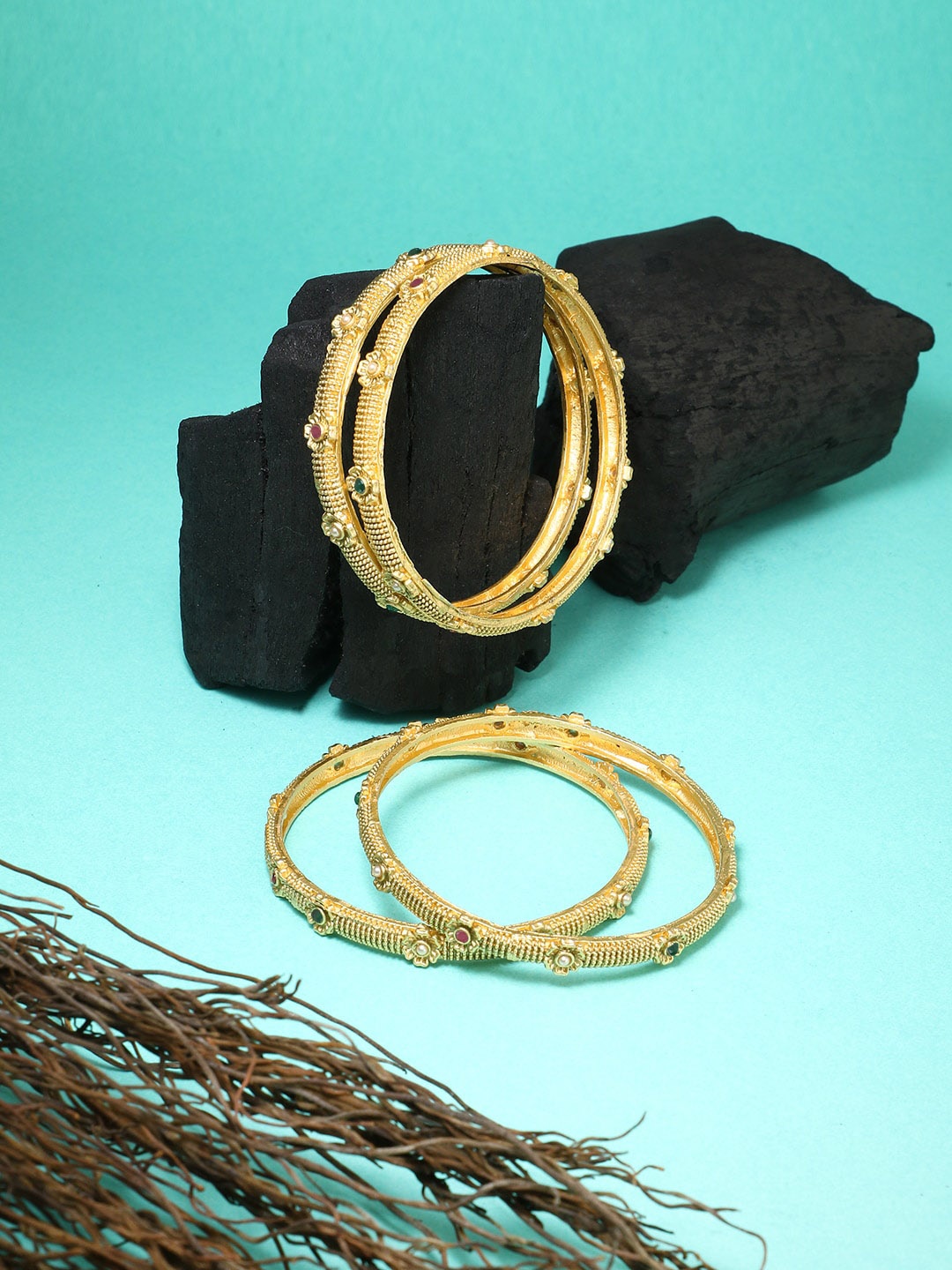 

Adwitiya Collection Set Of 4 Gold-Plated Stone-Studded Pearl Beaded Bangles