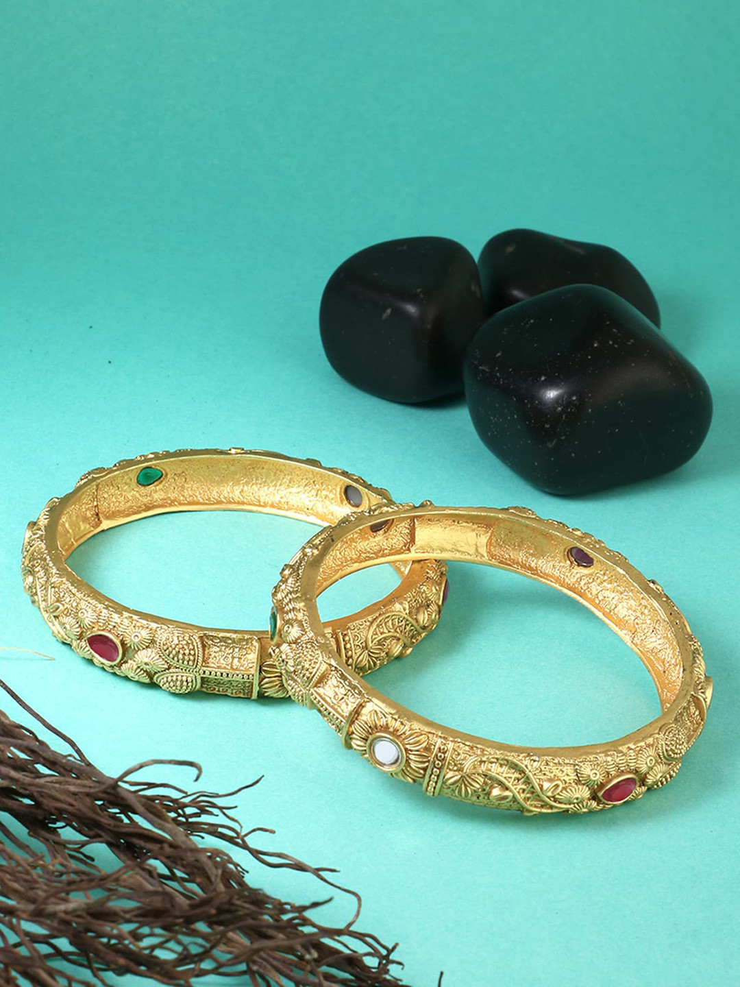

Adwitiya Collection Set Of 2 Gold-Plated Stone-Studded Bangles
