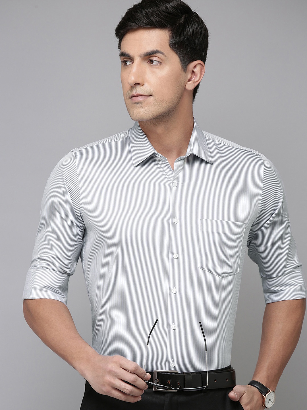 

Van Heusen Men Striped Pure Cotton Slim Fit Formal Shirt, Grey