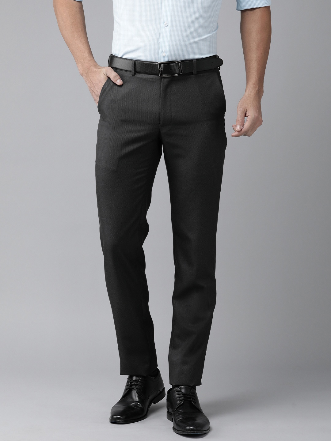 

Van Heusen Me Textured Self Design Slim Fit Mid-Rise Woven Flat-Front Formal Trousers, Charcoal