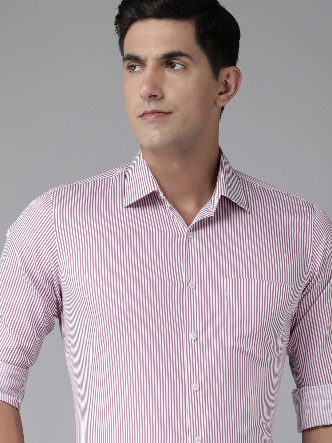 

Van Heusen Men Slim Fit Vertical Stripes Opaque Pure Cotton Formal Shirt, Mauve