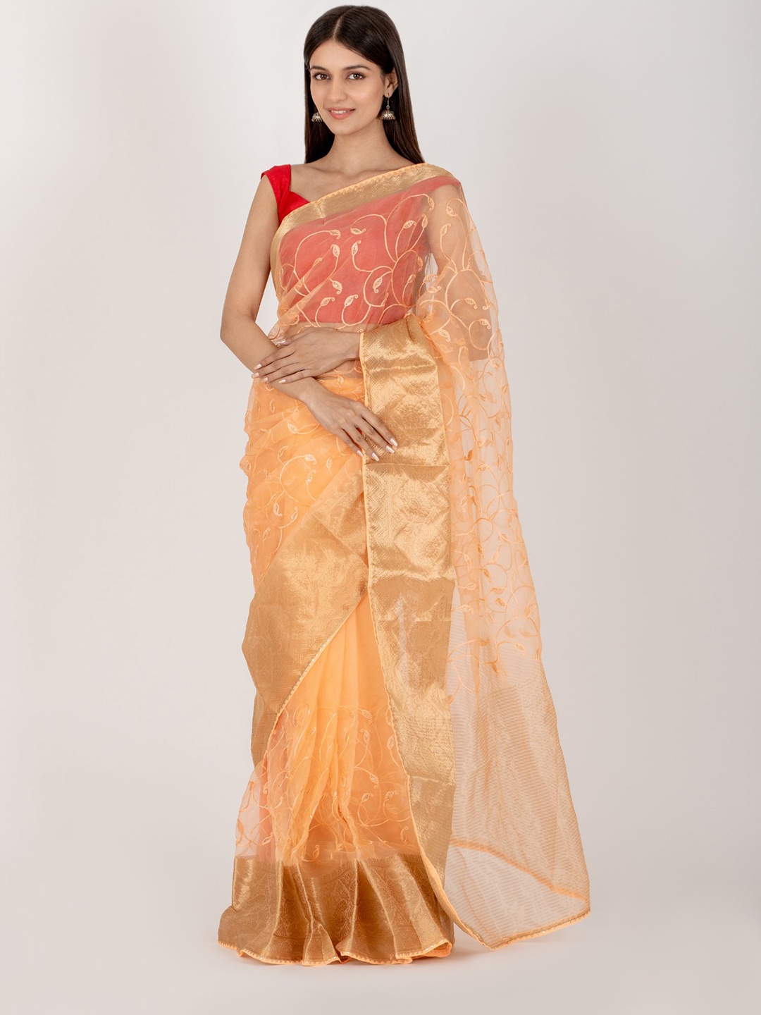 

HOUSE OF JAMOTI Paisley Zari Organza Saree, Peach