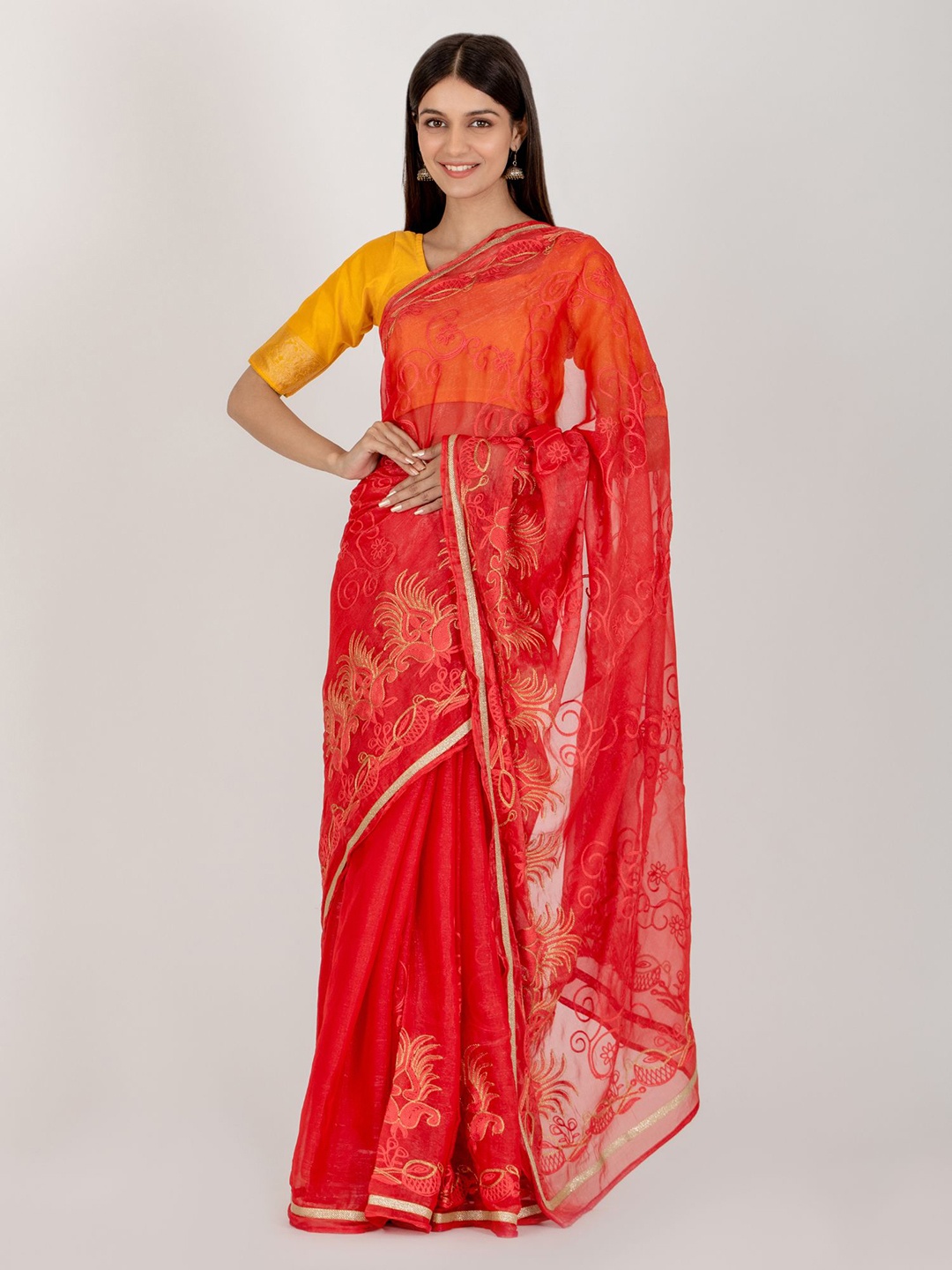 

HOUSE OF JAMOTI Paisley Organza Saree, Red