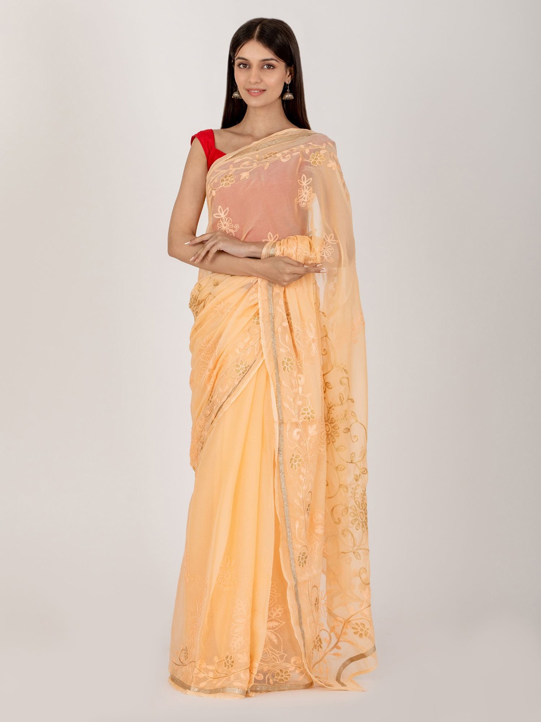 

HOUSE OF JAMOTI Paisley Embroidered Saree, Peach