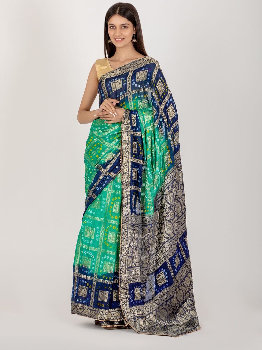 

HOUSE OF JAMOTI Bandhani Zari Saree, Green