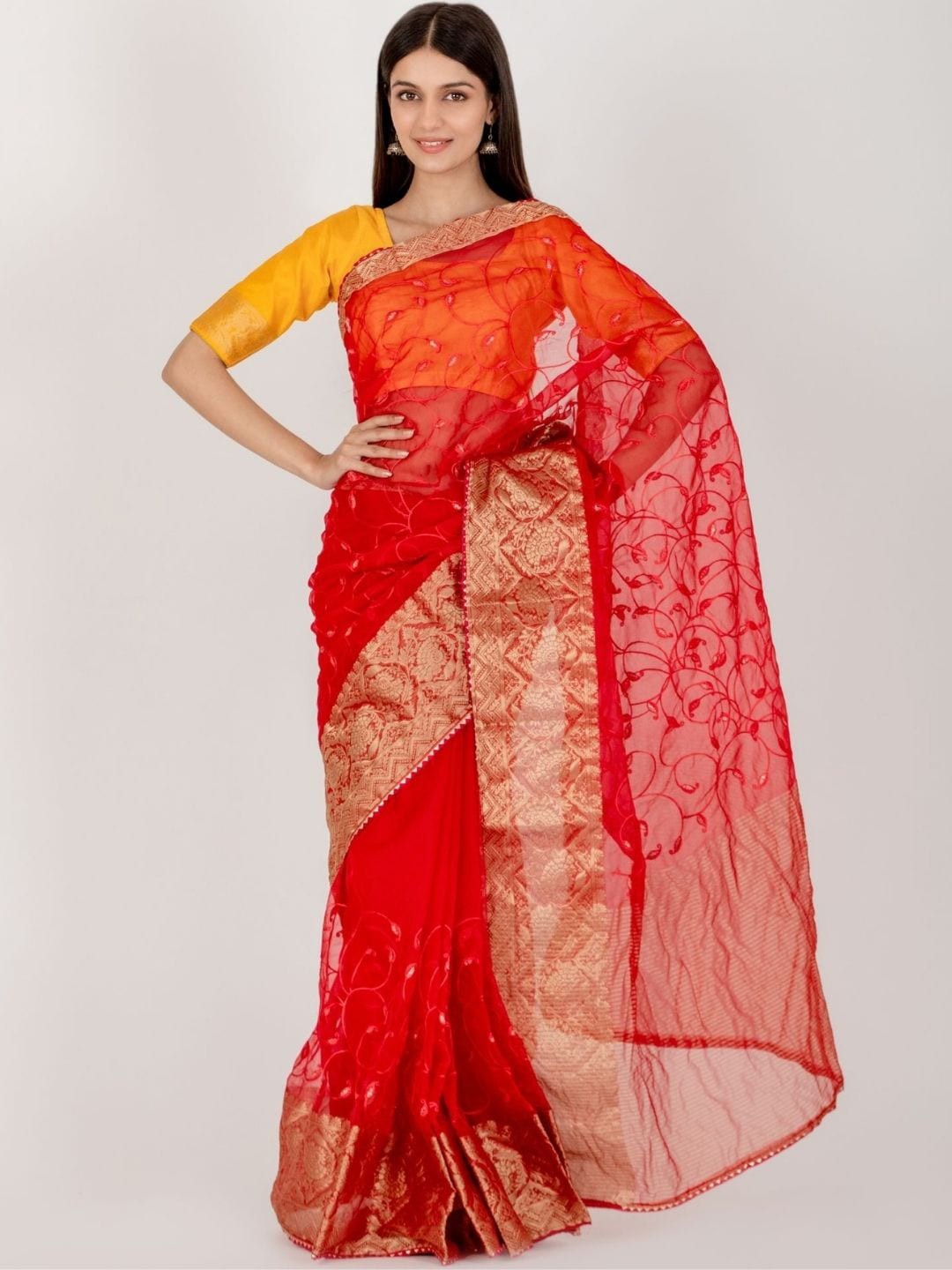 

HOUSE OF JAMOTI Floral Embroidered Organza Saree, Red