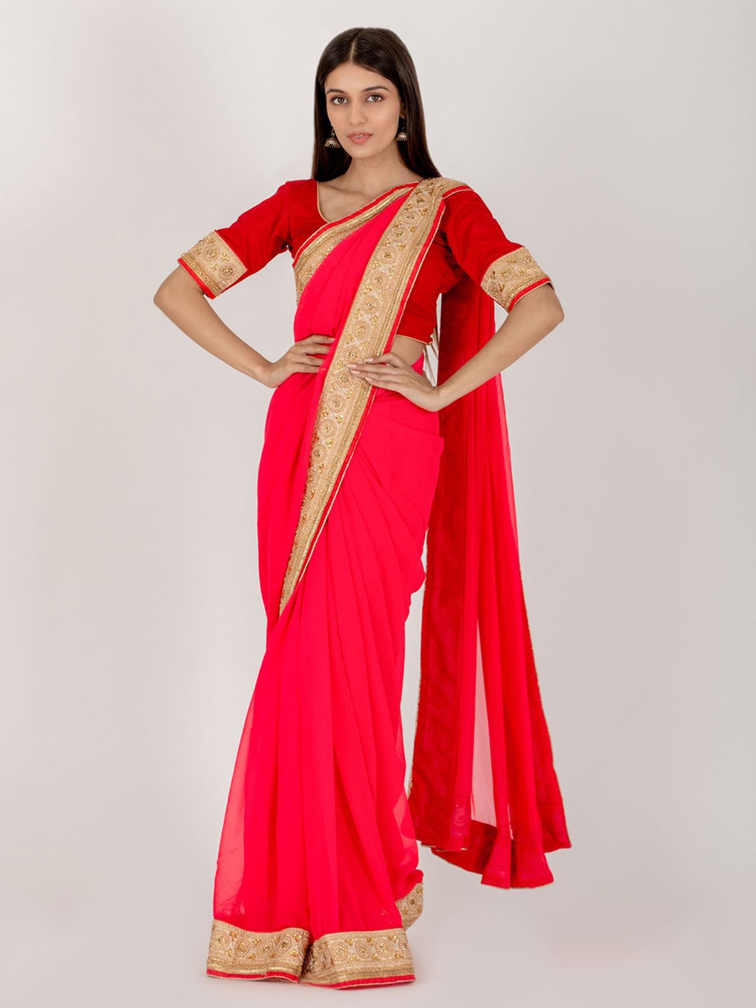

HOUSE OF JAMOTI Embroidered Saree, Pink