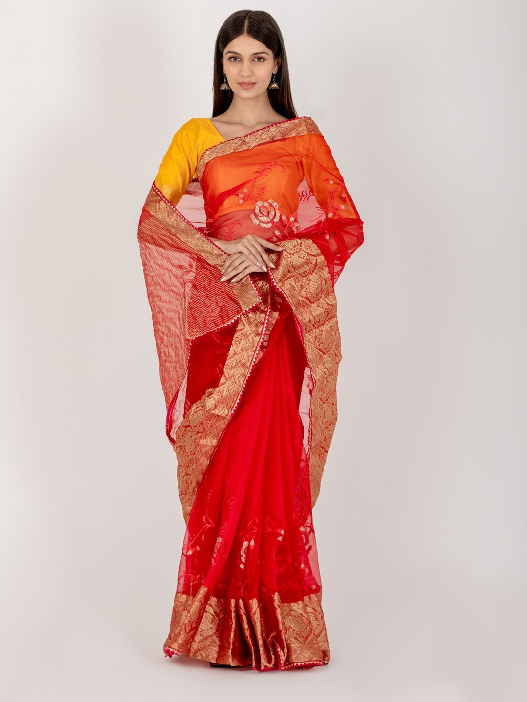 

HOUSE OF JAMOTI Floral Sequinned Organza Saree, Red