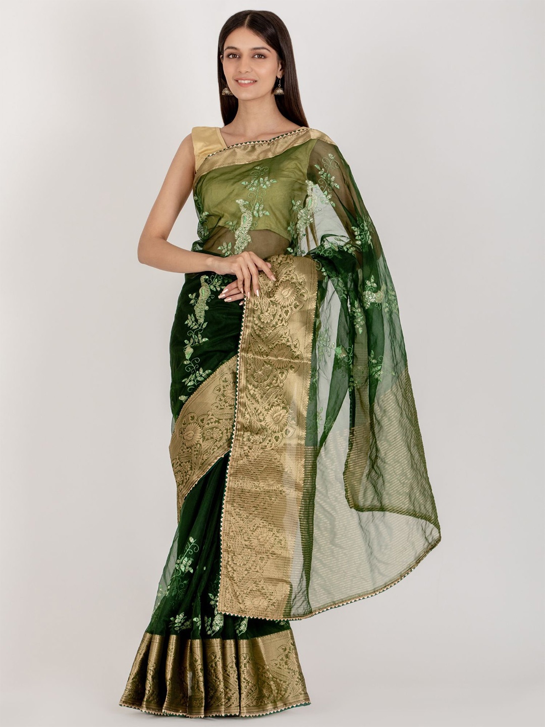 

HOUSE OF JAMOTI Embellished Sequinned Organza Saree, Green