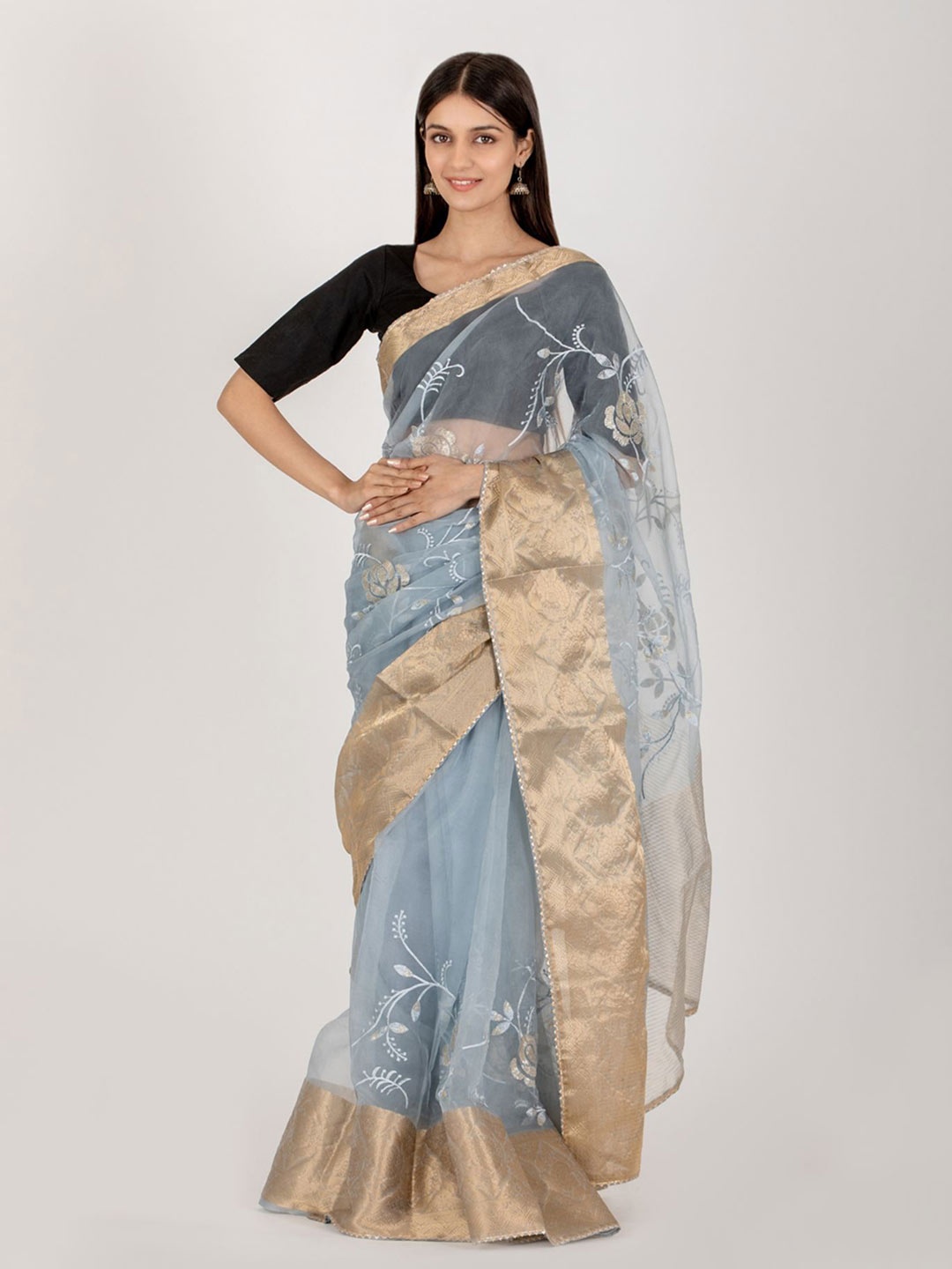 

HOUSE OF JAMOTI Floral Zari Organza Saree, Grey