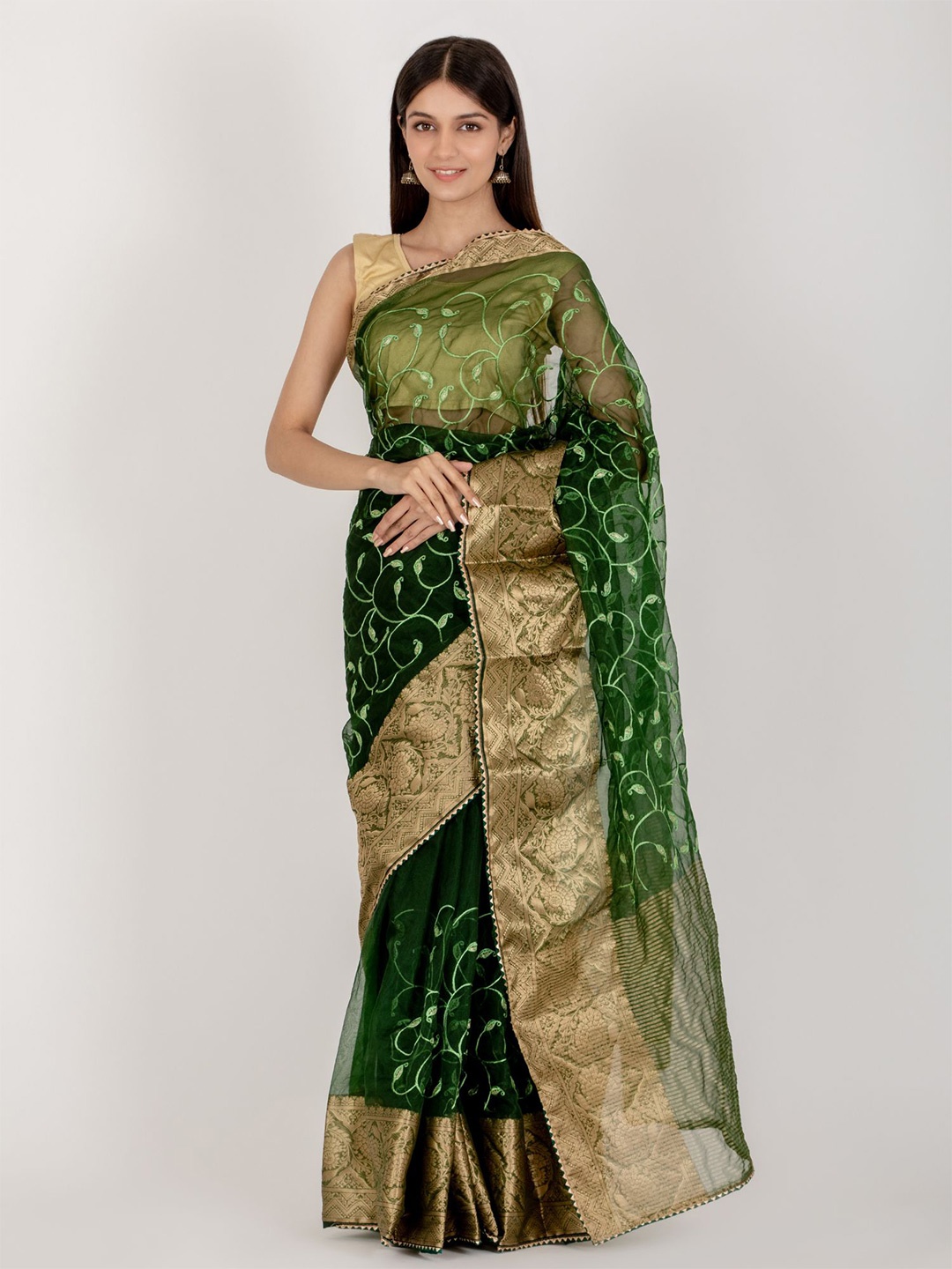 

HOUSE OF JAMOTI Floral Zari Organza Saree, Green