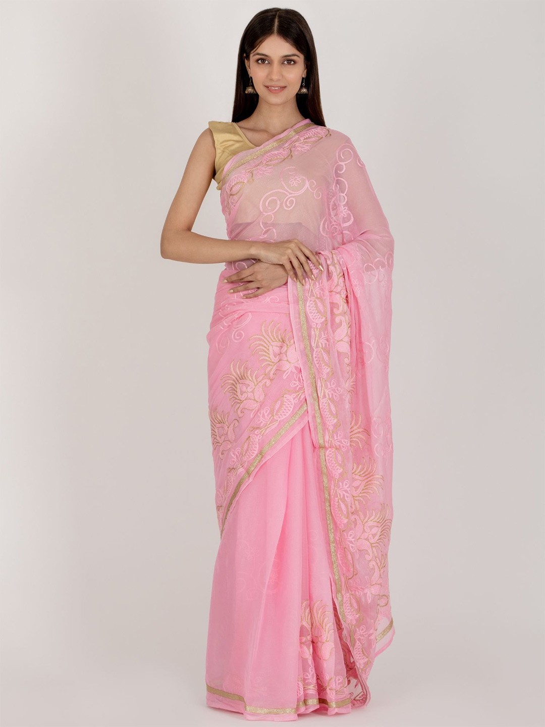 

HOUSE OF JAMOTI Floral Embroidered Saree, Pink