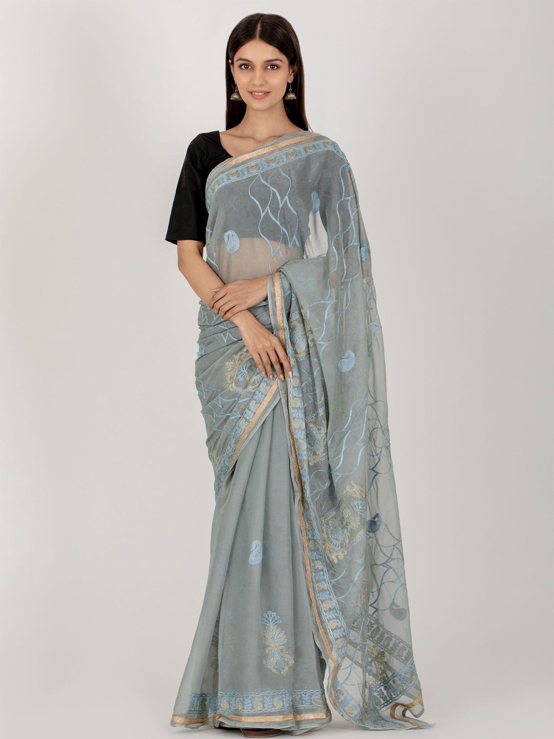 

HOUSE OF JAMOTI Paisley Embroidered Saree, Grey