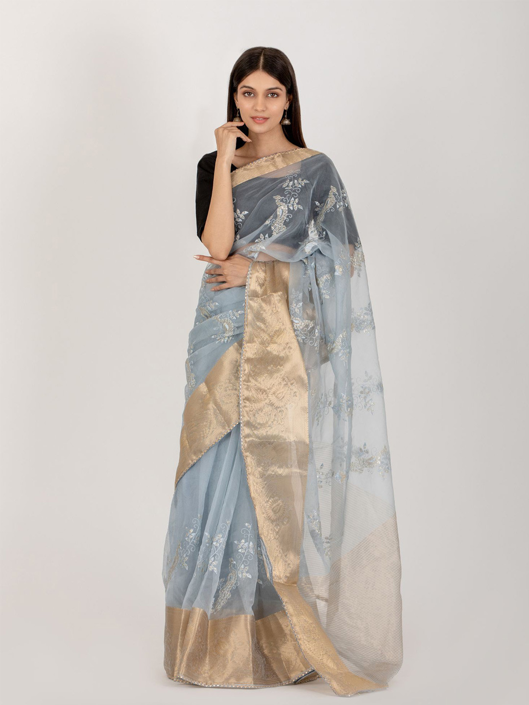 

HOUSE OF JAMOTI Floral Zari Organza Saree, Grey