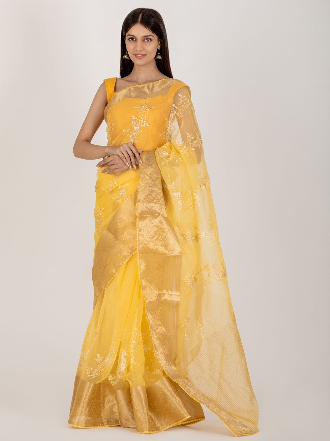 

HOUSE OF JAMOTI Floral Zari Organza Saree, Yellow