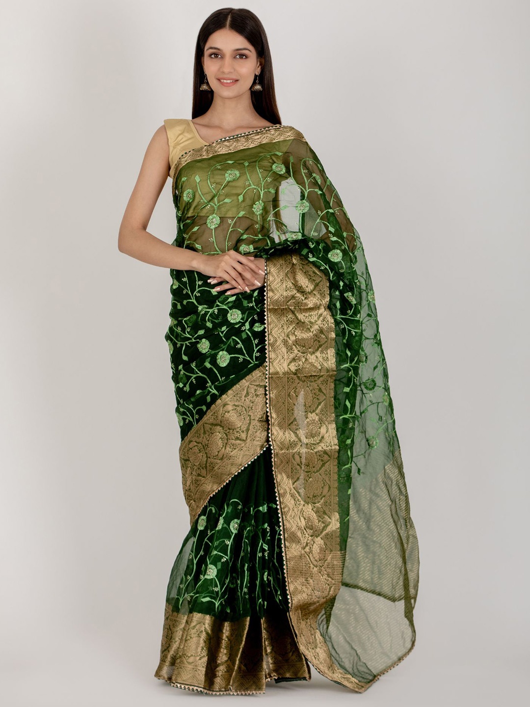 

HOUSE OF JAMOTI Floral Zari Organza Saree, Green