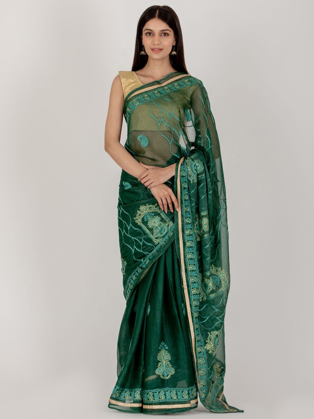 

HOUSE OF JAMOTI Paisley Embroidered Saree, Green
