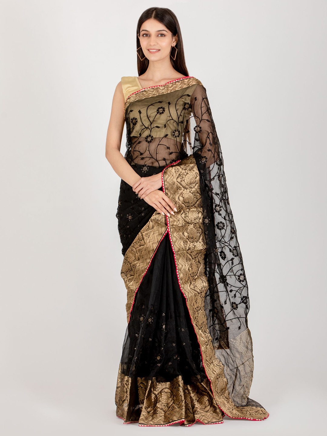

HOUSE OF JAMOTI Embellished Embroidered Organza Saree, Black