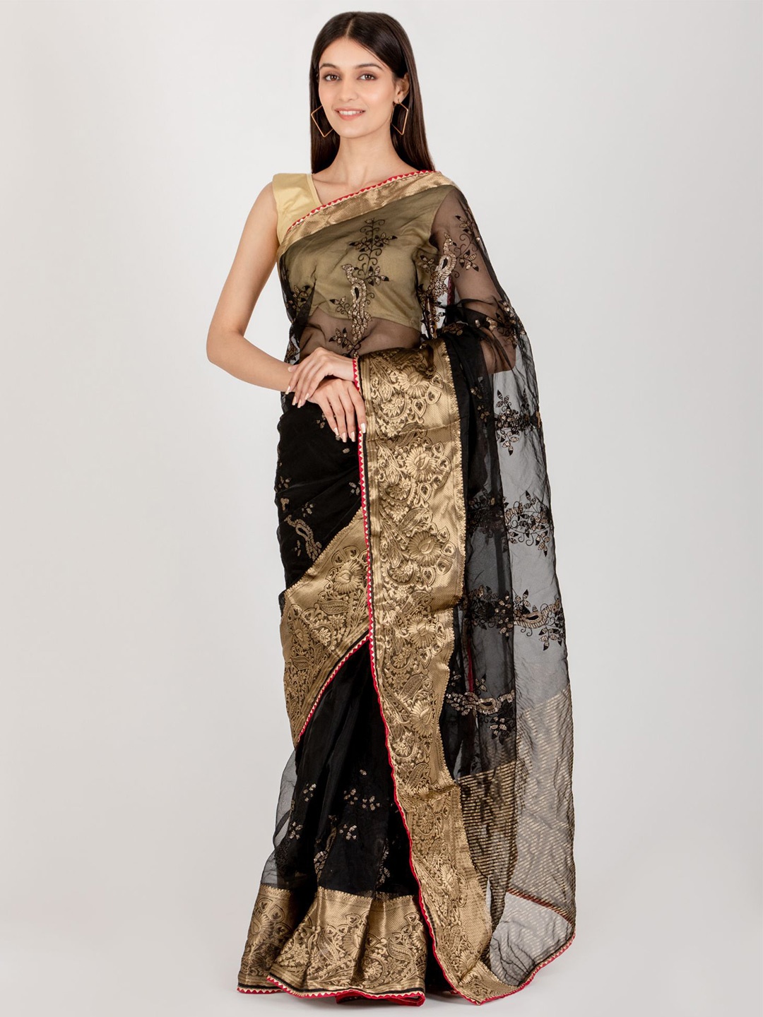 

HOUSE OF JAMOTI Paisley Zari Organza Saree, Black