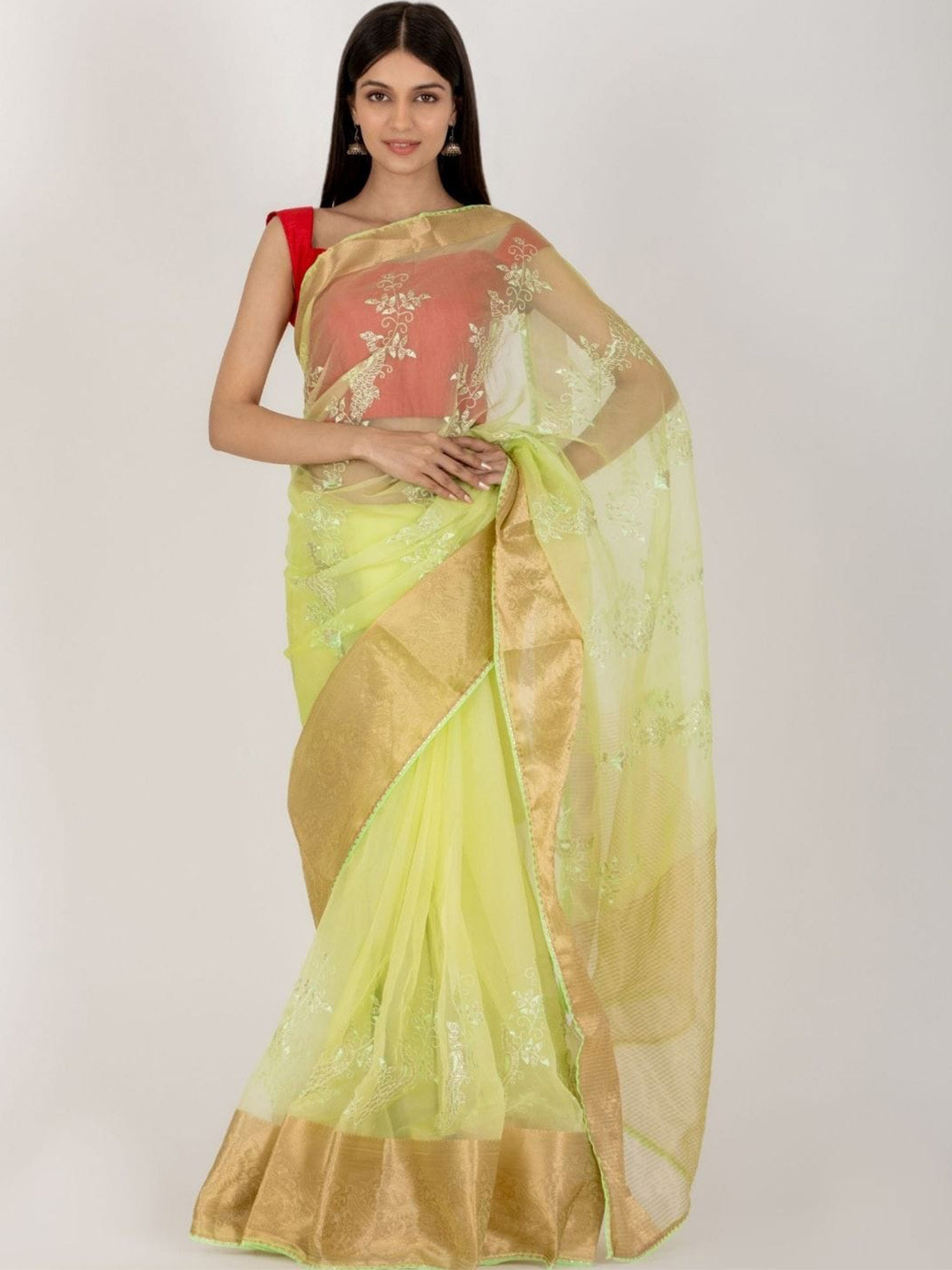 

HOUSE OF JAMOTI Floral Zari Organza Saree, Green