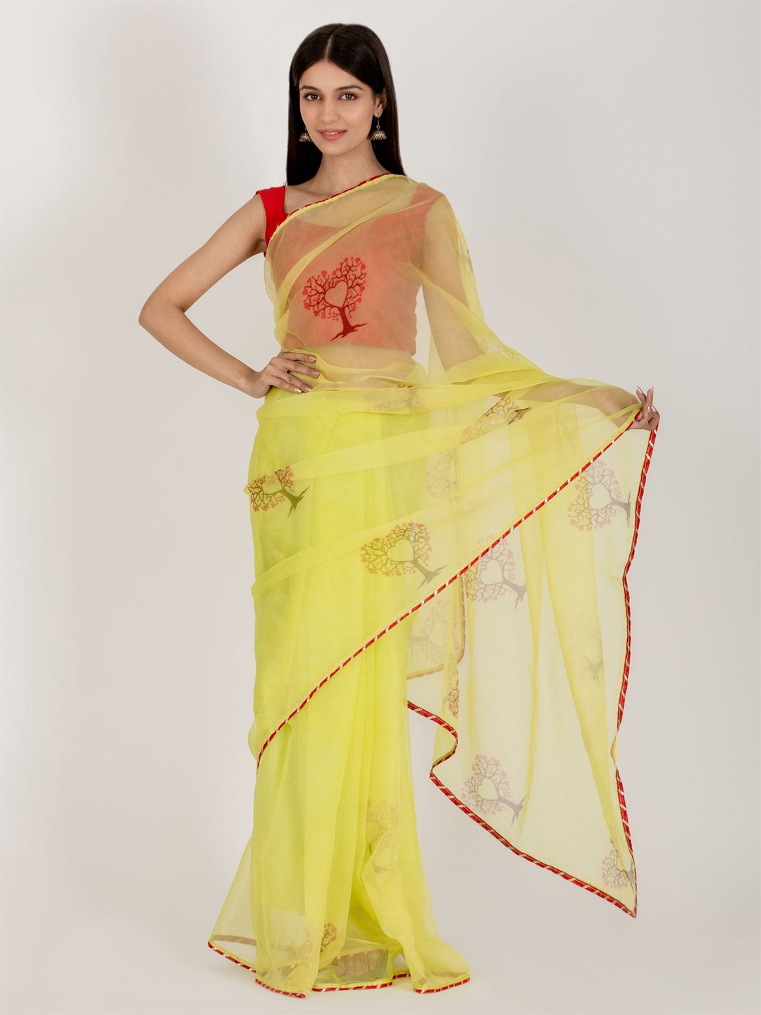 

HOUSE OF JAMOTI Ethnic Motifs Gotta Patti Organza Saree, Green
