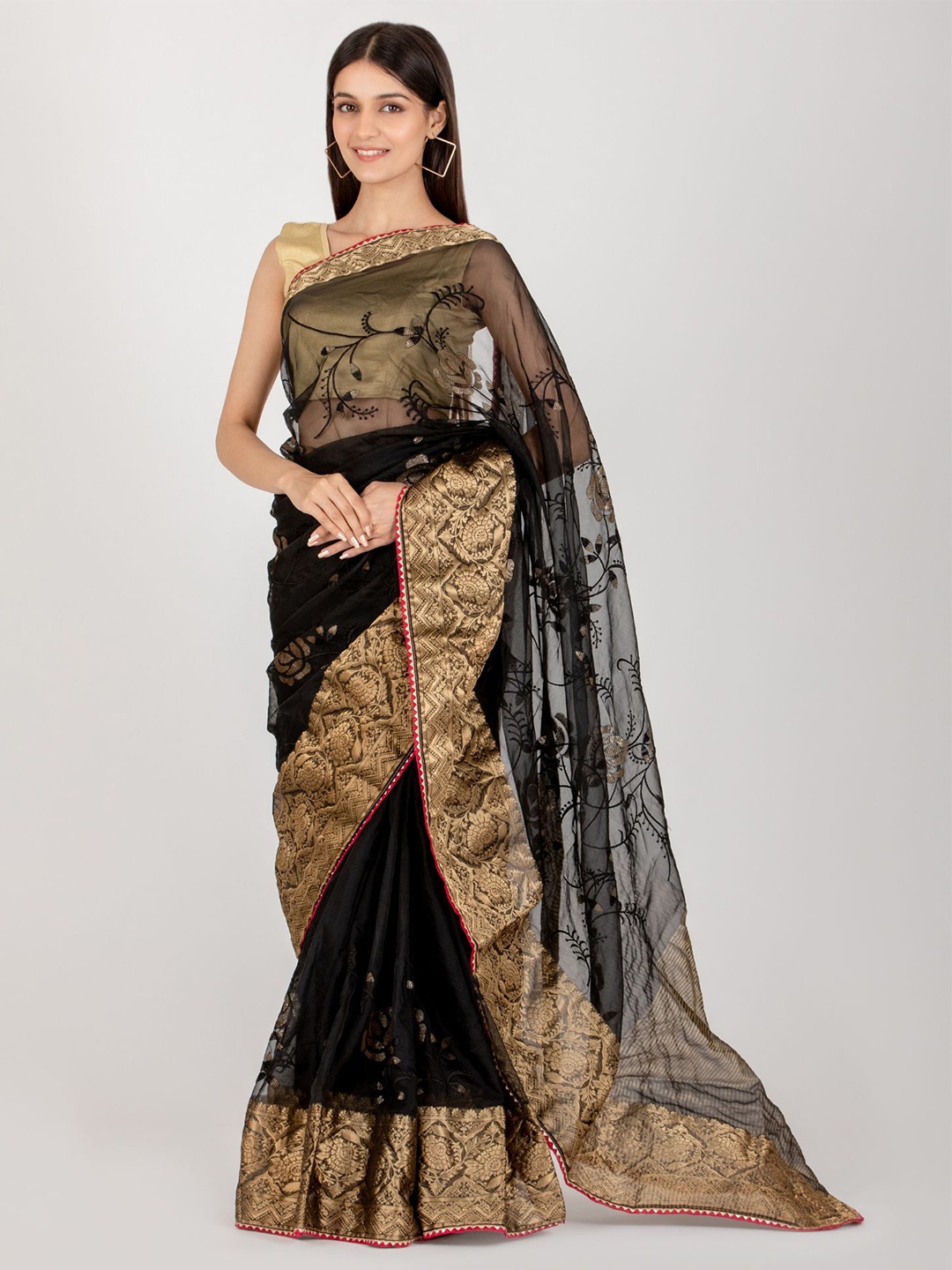 

HOUSE OF JAMOTI Floral Organza Saree, Black