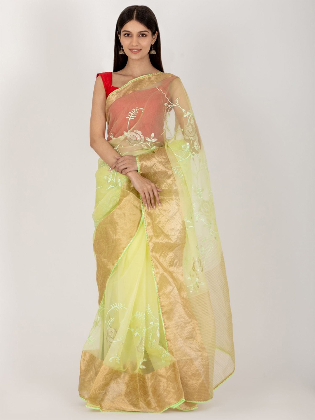 

HOUSE OF JAMOTI Floral Zari Organza Saree, Lime green