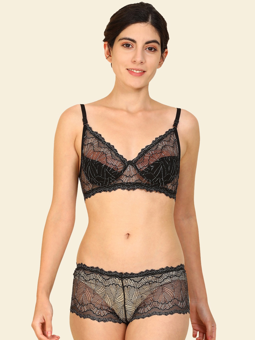 

AROUSY Self Design Lingerie Set, Black