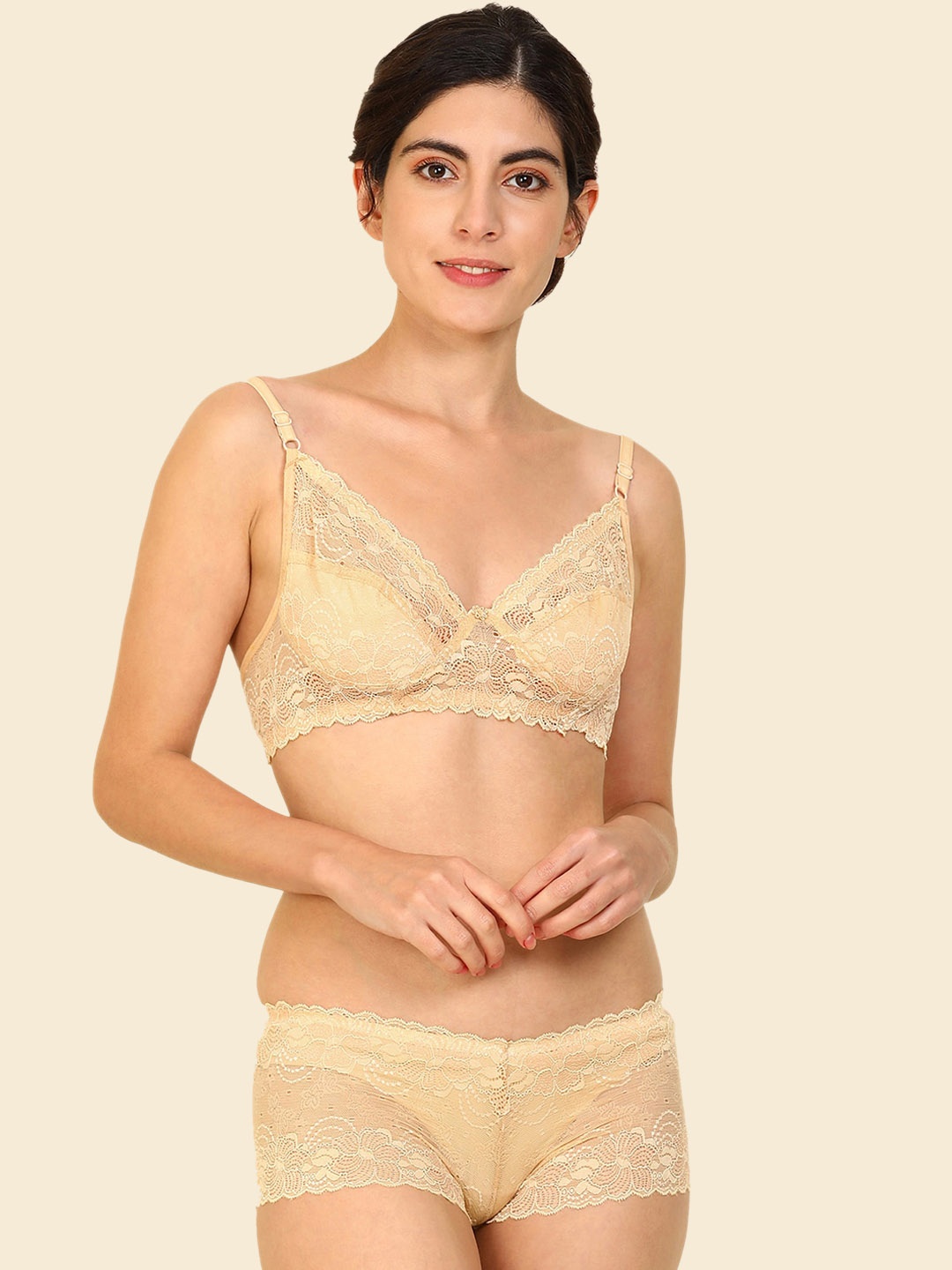 

AROUSY Self Design Lingerie Set, Brown