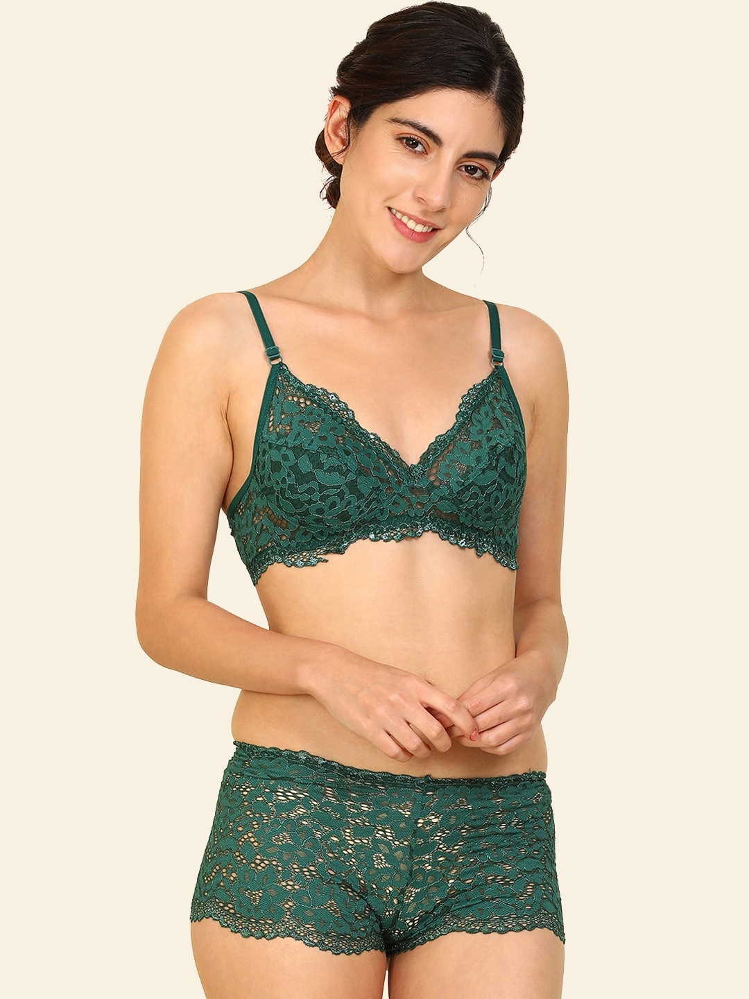 

AROUSY Self Design Lingerie Set, Green