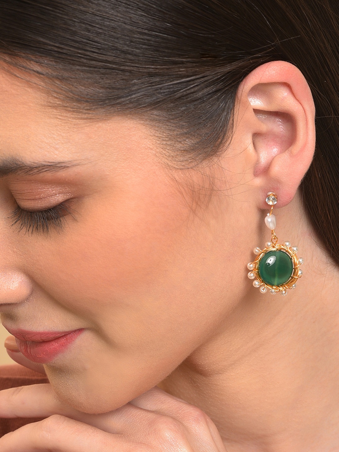 

SOHI Gold-Plated Contemporary Drop Earrings, Green
