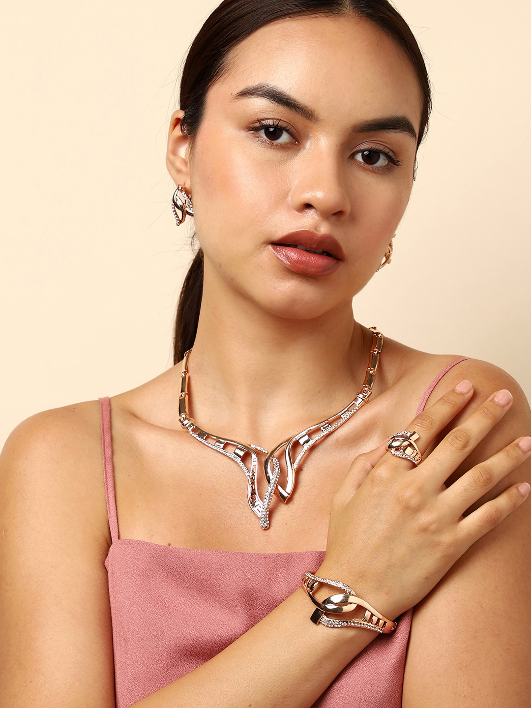 

SOHI Rode Gold-Plated Stone Studded Jewellery Set, Rose gold