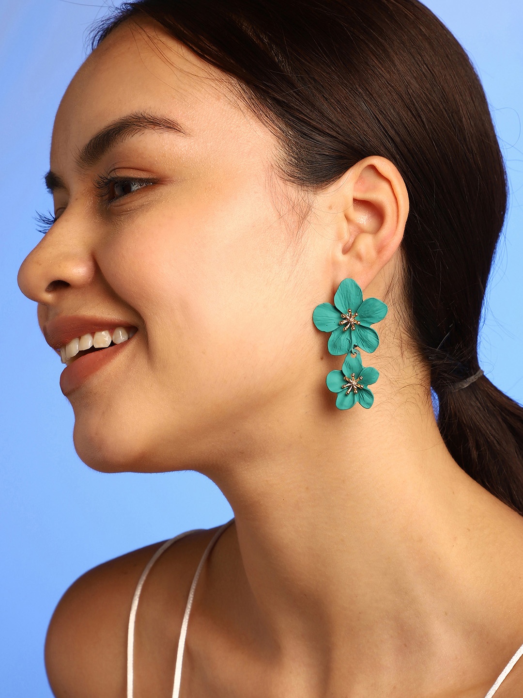 

SOHI Women Gold-Plated Floral Studs Earrings, Sea green