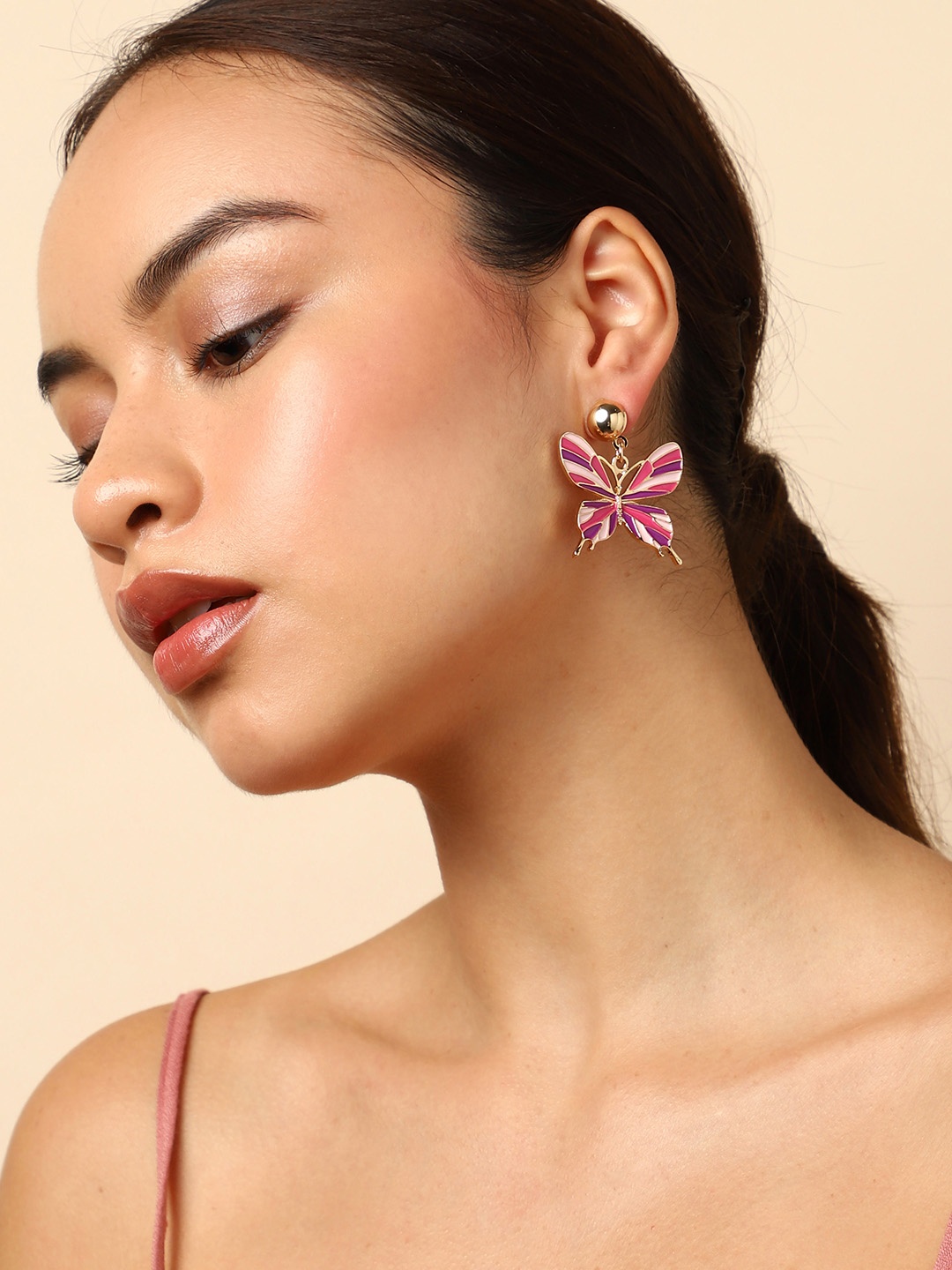 

SOHI Gold-Plated Butterfly Shaped Drop Earrings, Pink