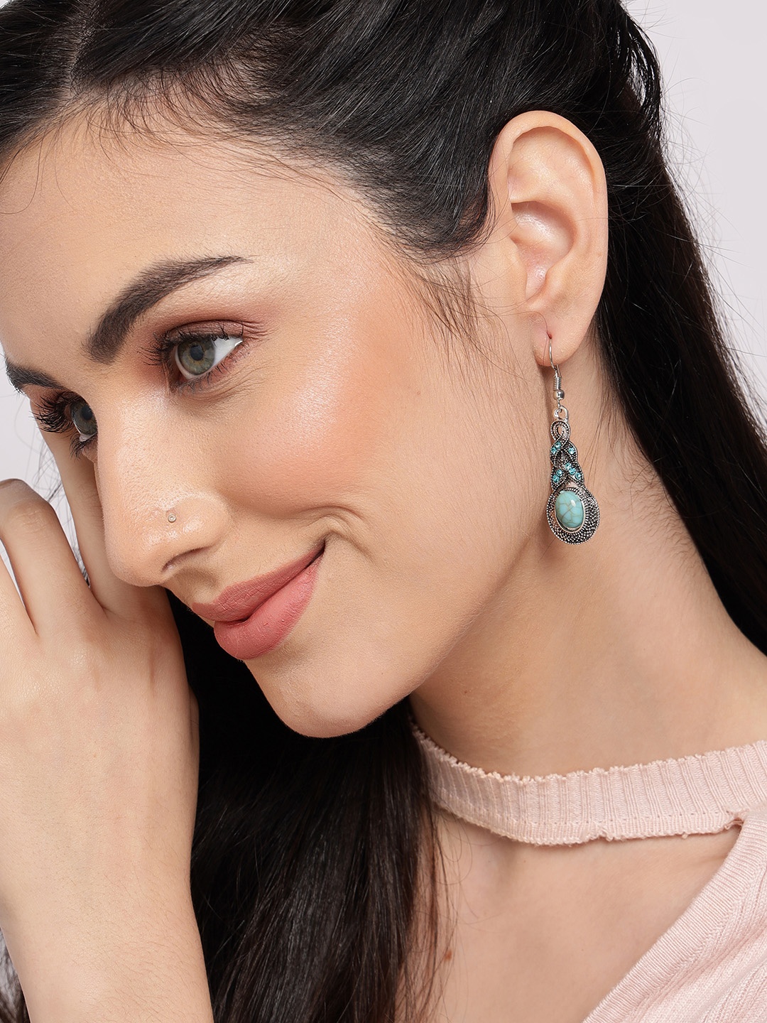 

SOHI Blue & Silver-Toned Contemporary Drop Earrings