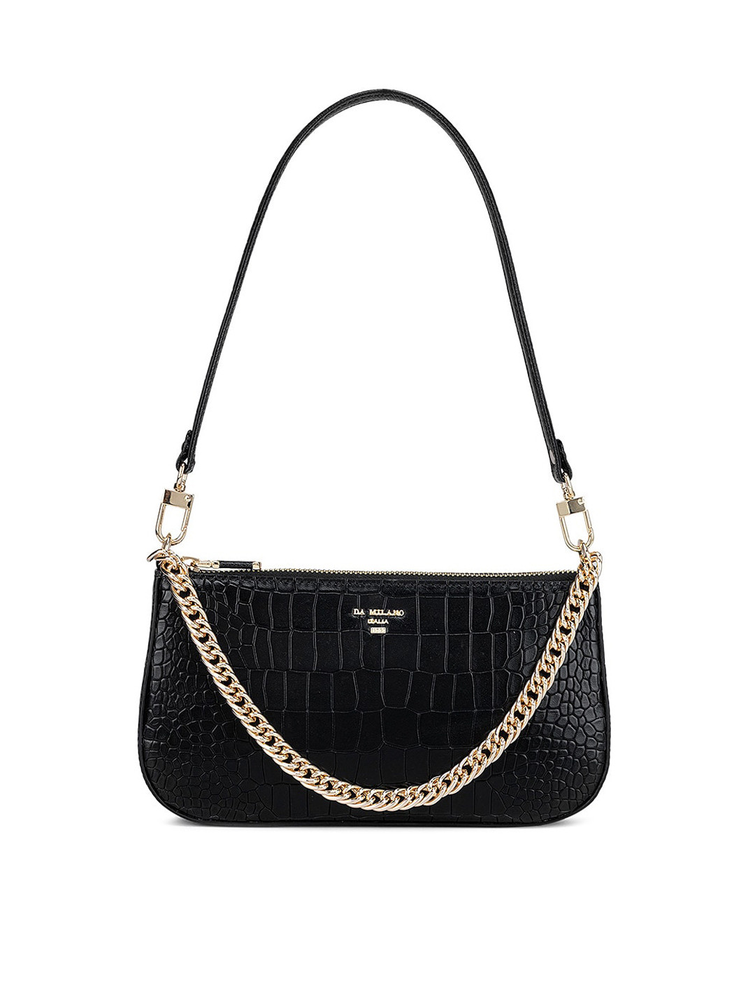 

Da Milano Textured Leather Half Moon Sling Bag, Black