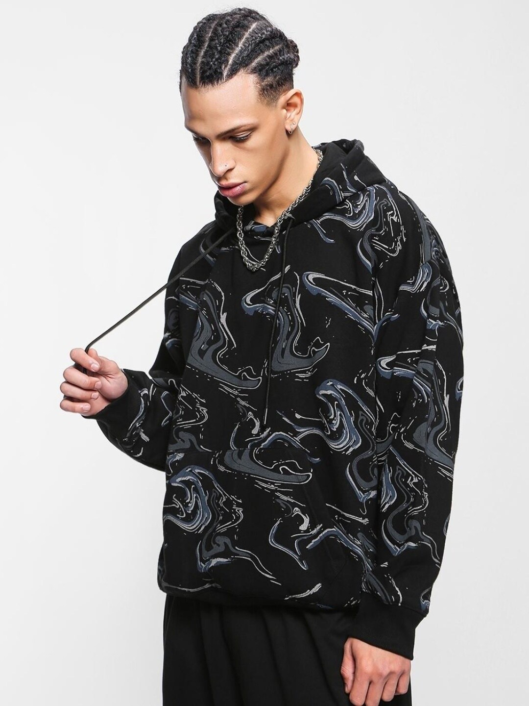 

Bewakoof Heavy Duty 1.0 Men Marble Printed Oversized Hoodies, Black