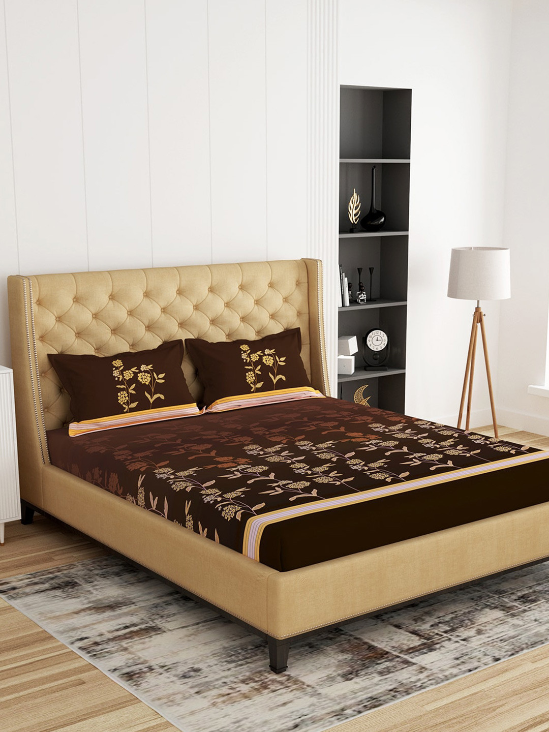 

Story@home Brown & Beige Floral 300 TC King Cotton Bedsheet with 2 Pillow Covers
