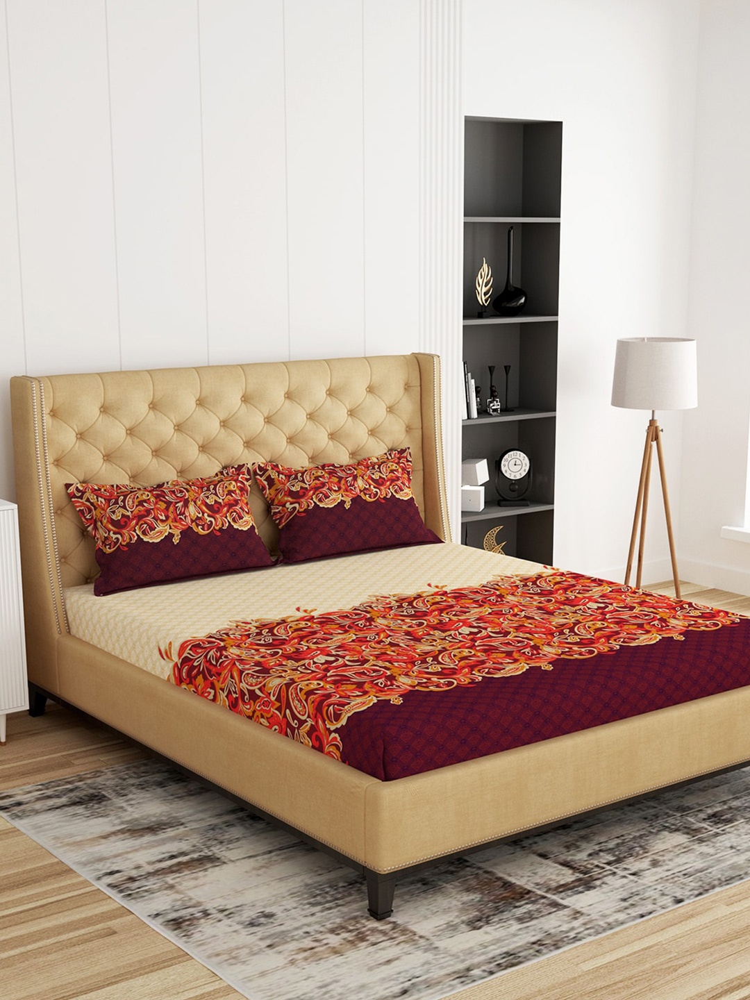 

Story@home Beige & Red Ethnic Motifs 300 TC King Cotton Bedsheet with 2 Pillow Covers