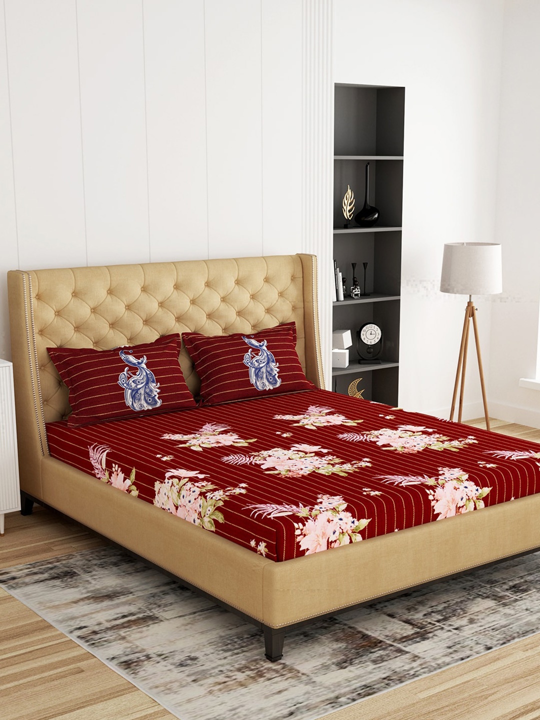 

Story@home Maroon & White Floral 300 TC King Cotton Bedsheet with 2 Pillow Covers