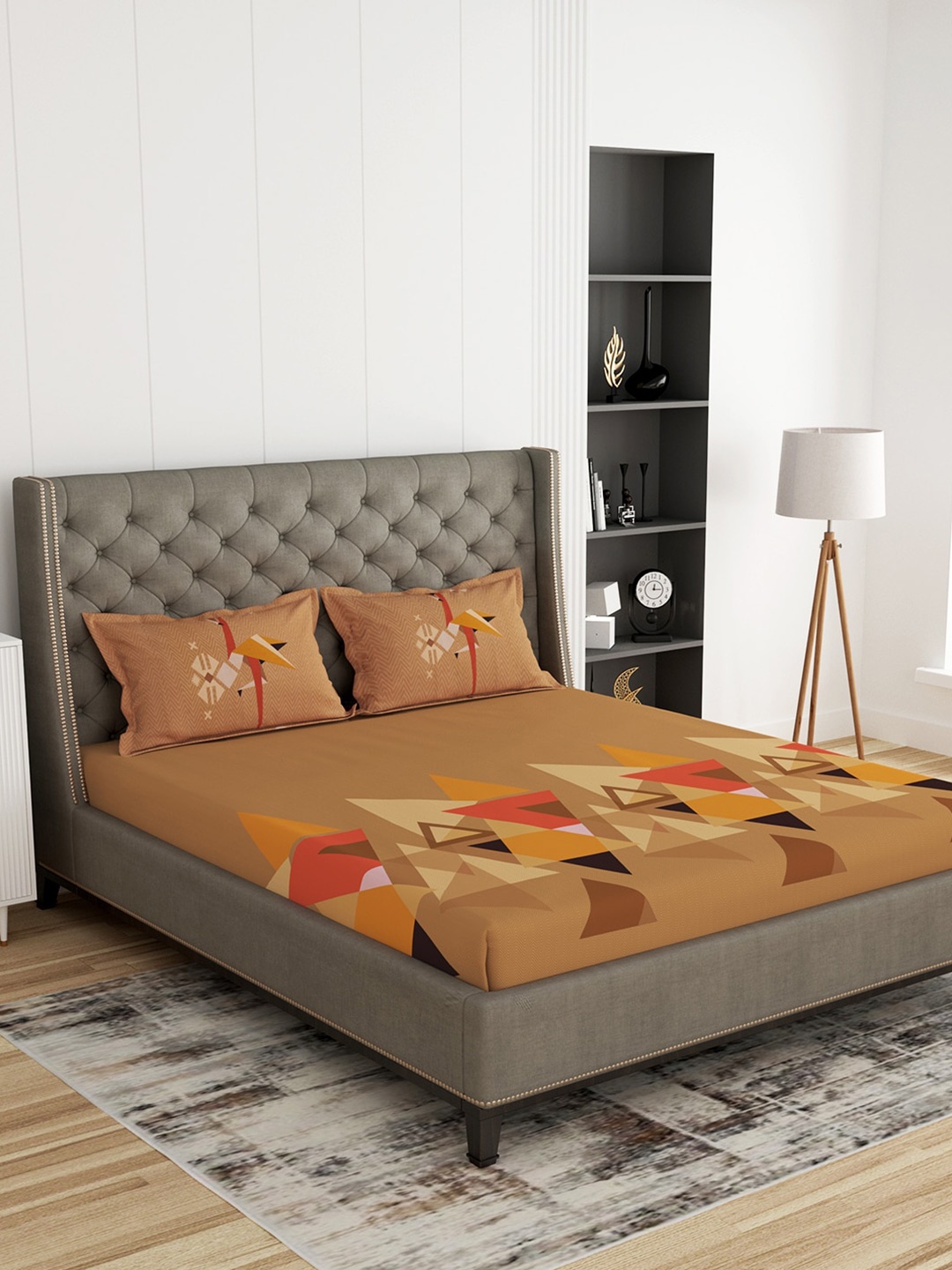 

Story@home Beige & Yellow Geometric 300 TC King Bedsheet with 2 Pillow Covers