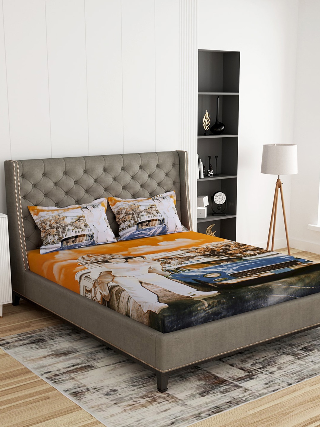 

Story@home Mustard & White Graphic 300 TC King Cotton Bedsheet with 2 Pillow Covers