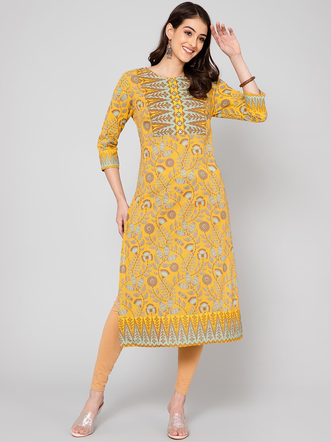 

Cantabil Women Floral Printed Cotton Kurta, Yellow