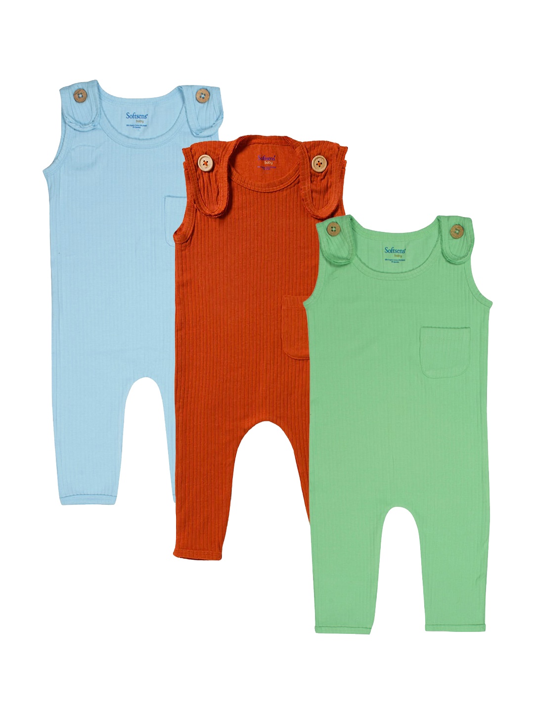 

Softsens Infants Pack Of 3 Kids Sleeveless Rompers, Blue
