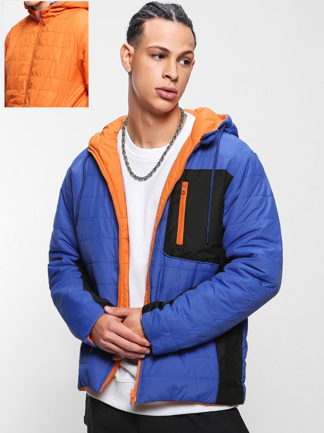 

Bewakoof Men Color Block Oversized Reversible Puffer Jacket, Blue