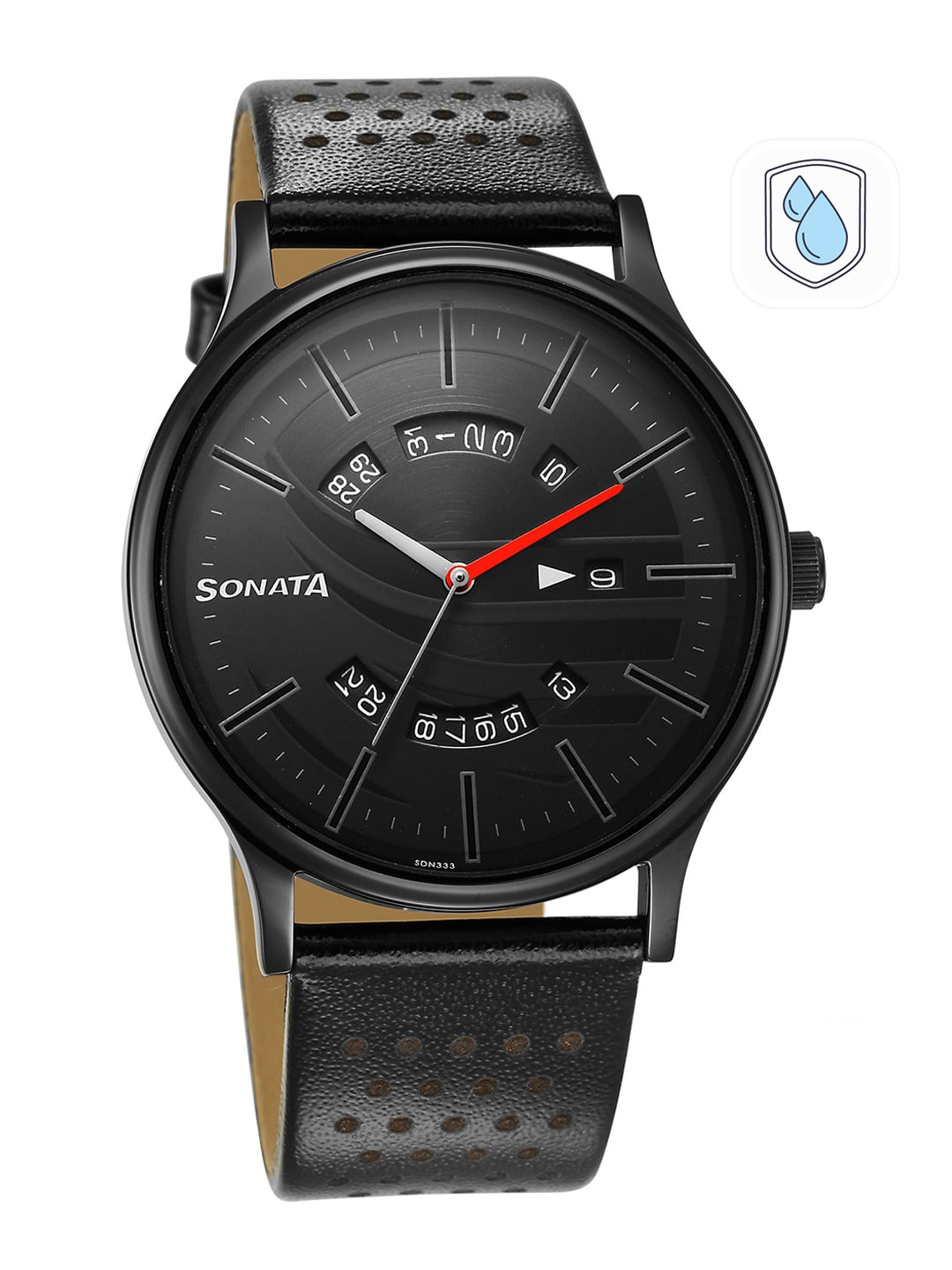 

Sonata Men Brass Dial Leather Straps Analogue Watch, Black