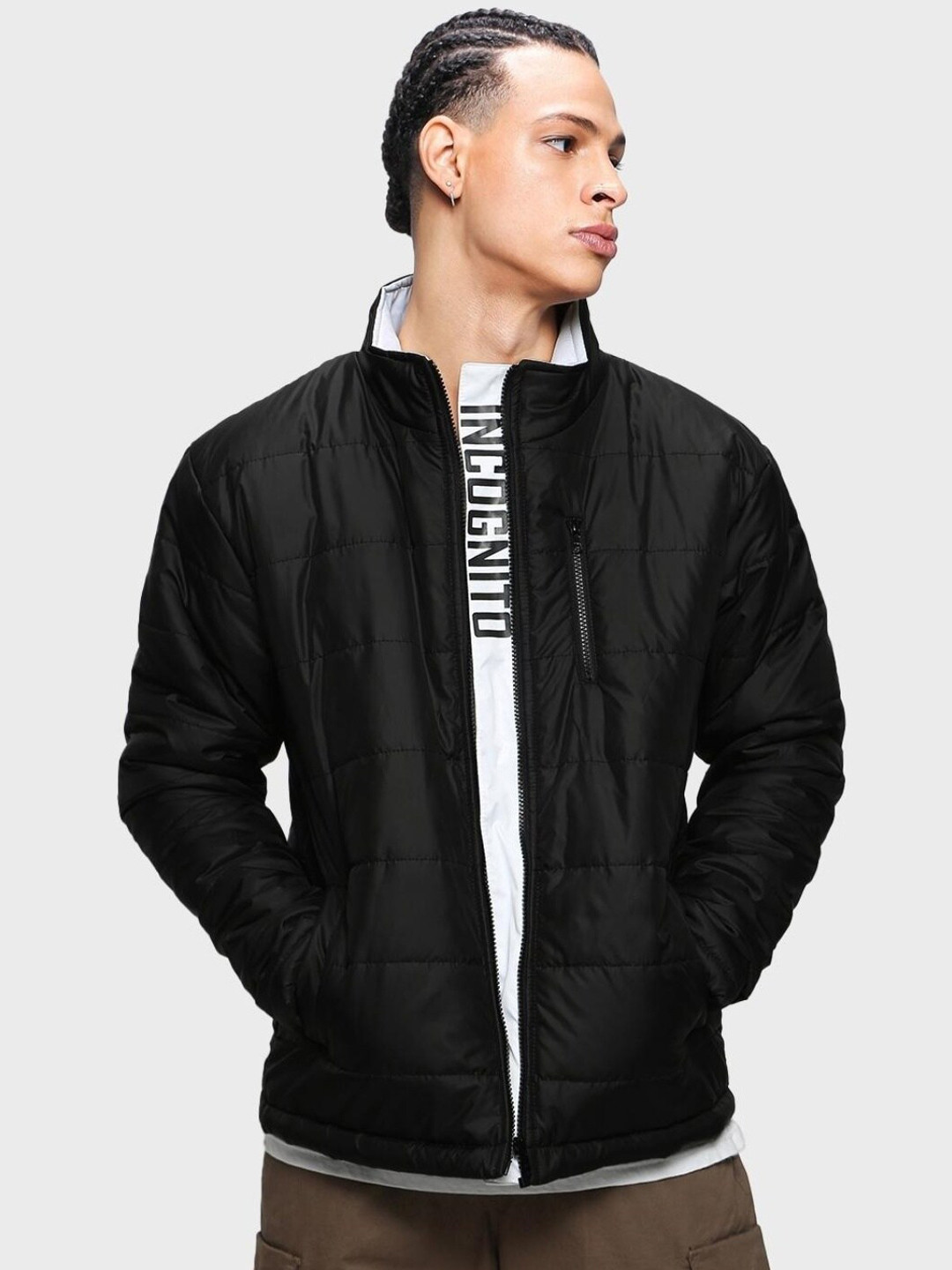 

Bewakoof Plus Men Black Insulator Puffer Jacket with Patchwork
